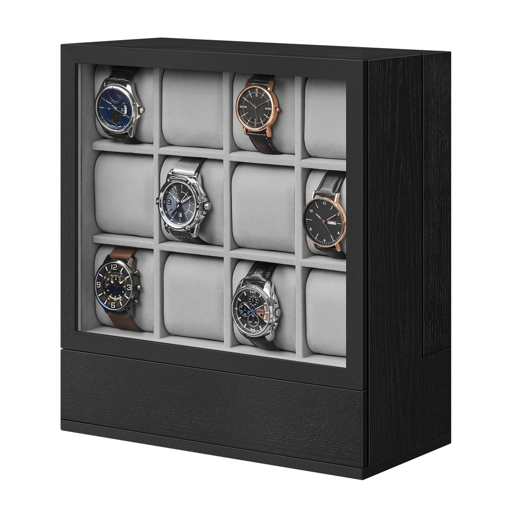 SONGMICS Uhrenbox 12 Fächer mit Fenster ebenholzschwarz JOW014B01