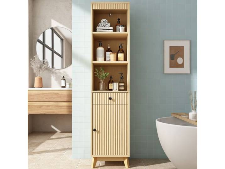 Meuble Salle de Bain Colonne de Rangement avec 1 Tiroir 1 Porte Meuble Salle de Bain pour Cuisine Salon 40×36×172cm Naturel