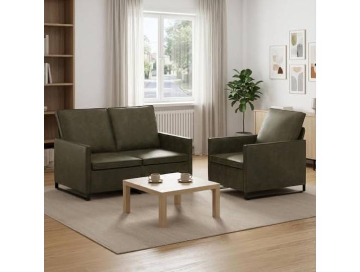 Sofa-Set 2 Stück Olivegrün Kunstwildleder Metallrahmen,Kissenrücken-Design,Schaum-Faser-Kissen,einfache Pflege,Wohnzimmer