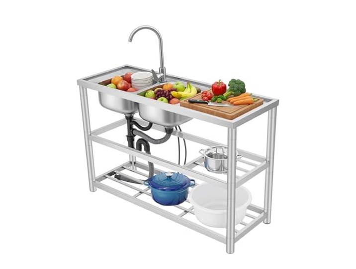JHAUAI Edelstahl Küchenspüle Spültisch Doppelbecken Mit Wasserhahn 2 Becken 33×33×18cm,360° Armatur Warm/Kalt,220,5lbs Tragkraft,2 Ablagen,Gastro Küche Restaurant Waschküche
