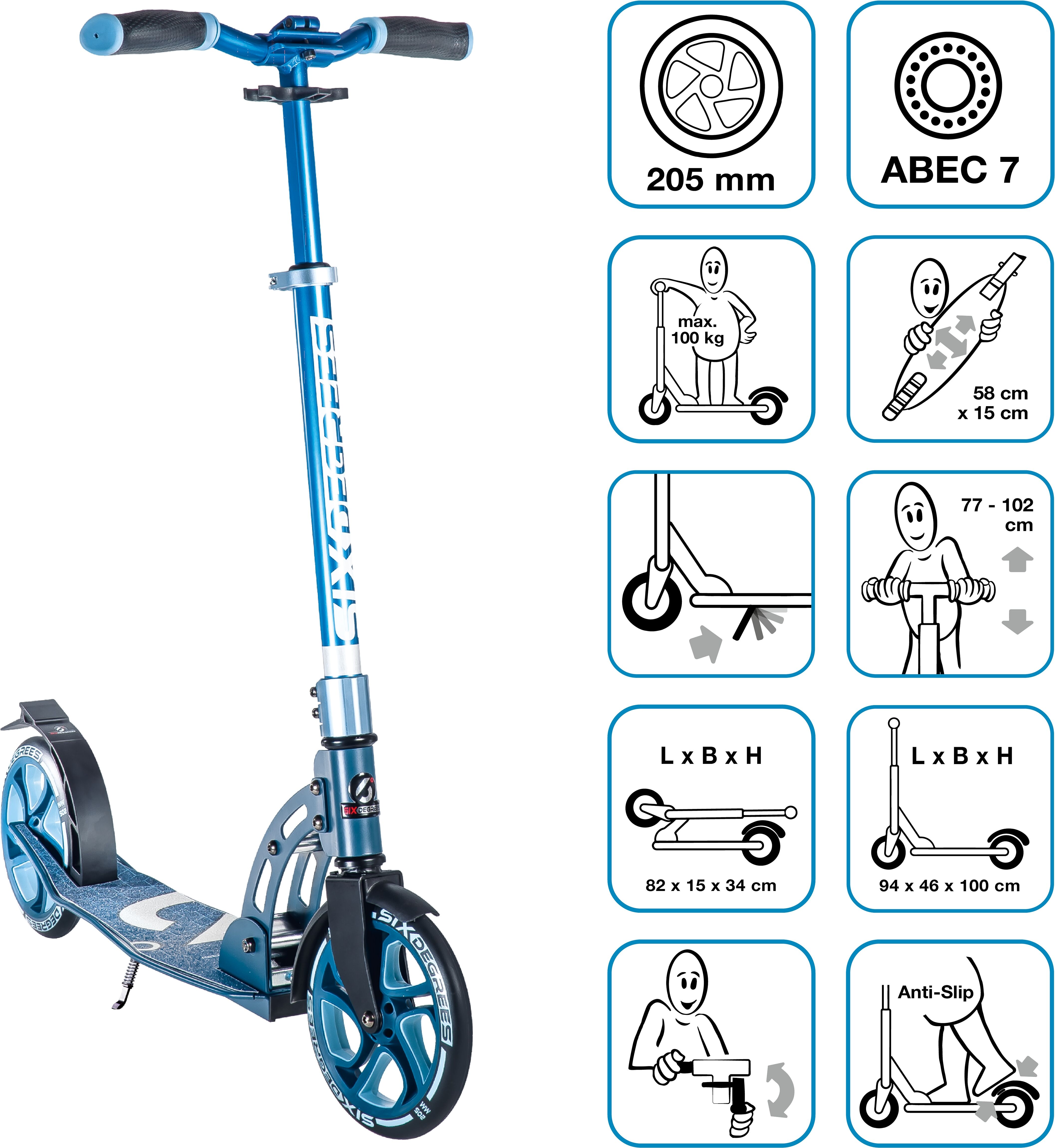 Scooter SIX DEGREES "Aluminium Scooter 205 mm", blau, Roller, KinderB:45cm L:93,5cm, Scooter, B:45cm L:93,5cm blau Einheitsgröße