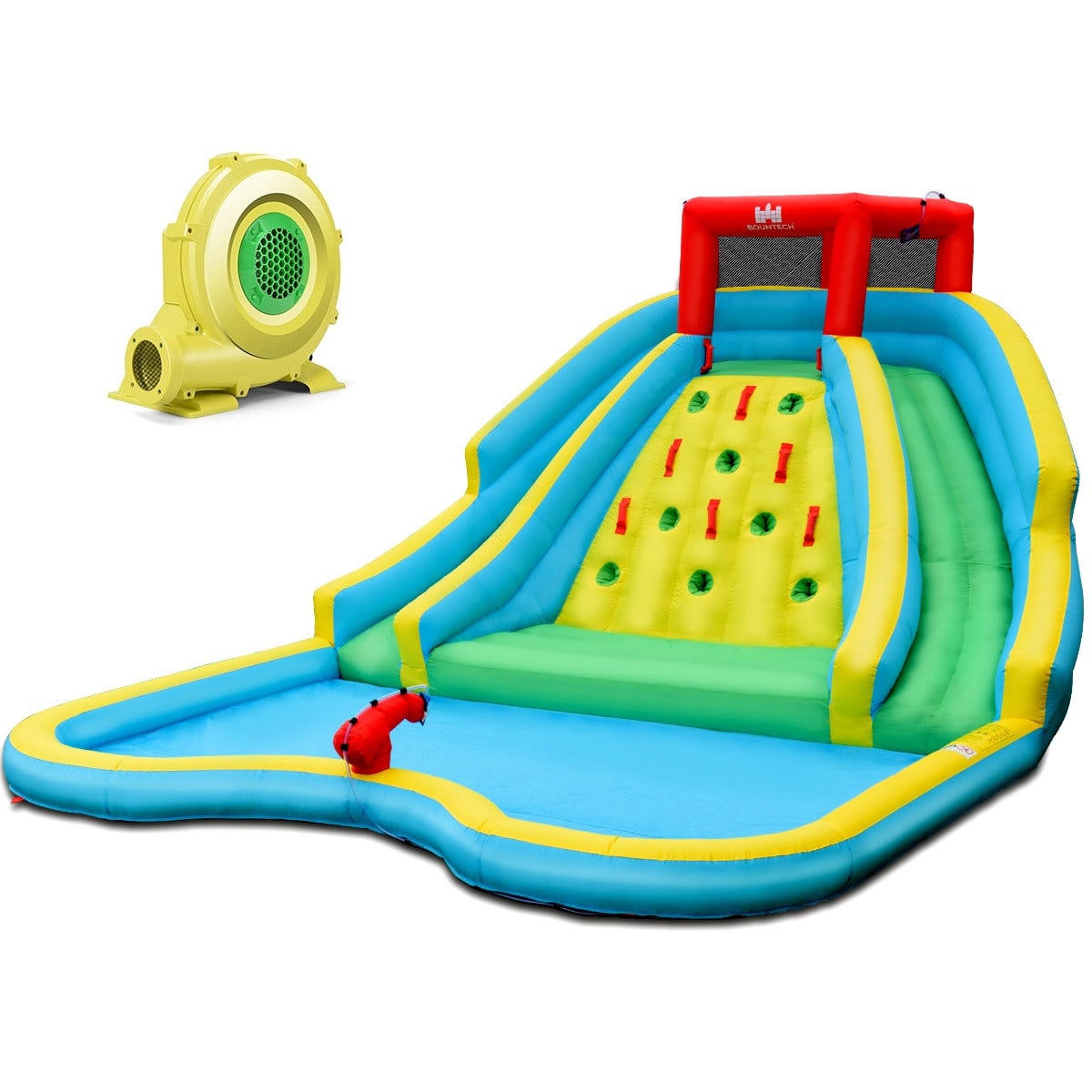 Costway Opblaasbaar Springkasteel met Twee Waterglijbanen, Klimwand, Waterkanon en Speelzwembad inclusief Ventilator