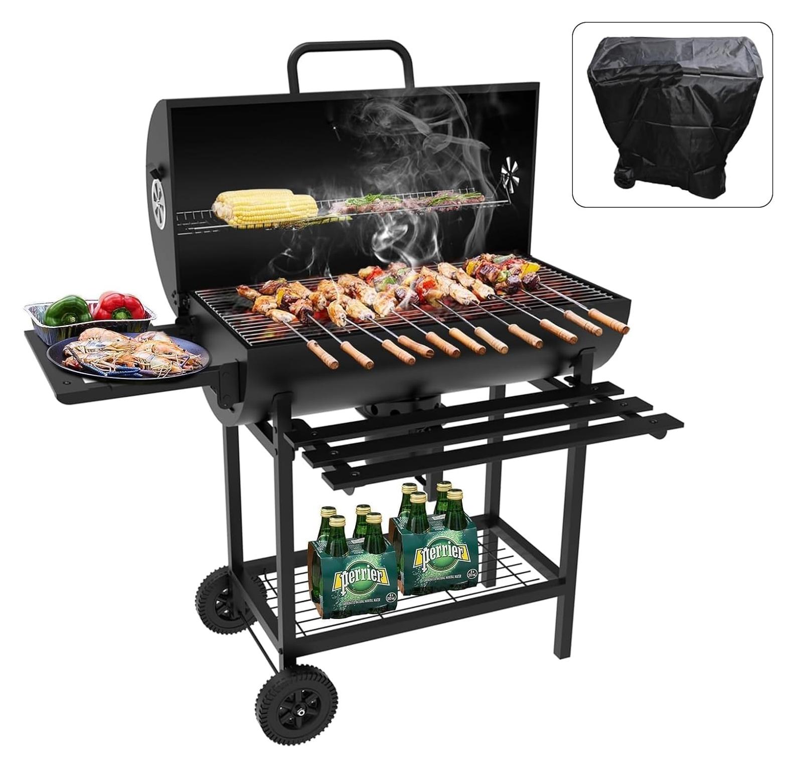 Holzgrillwagen, XXL-Holzkohlegrill mit Deckel, Thermometer und Ascheauffangschublade