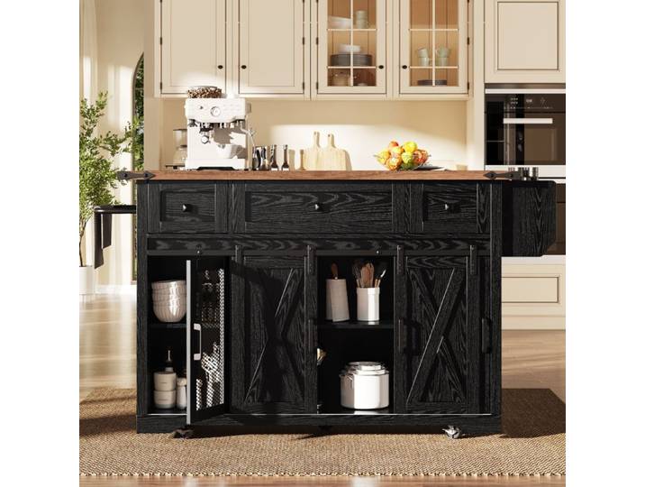 Îlot de cuisine meuble de cuisine avec plan de travail rétractable et connexion électrique buffet 3 tiroirs noir 120*45.3/75*91.5cm