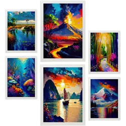 POSTER Set Mit 6 Wasser & Feuer Im Ölgemälde Stil A3 & A4 Weißer Rahmen