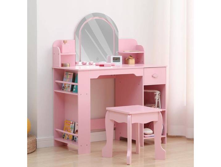 Coiffeuse pour Enfants avec Tabouret et Miroir LED Coiffeuse Fille avec Tiroirs Étagère Maquillage pour Enfants 3+ ans Rose