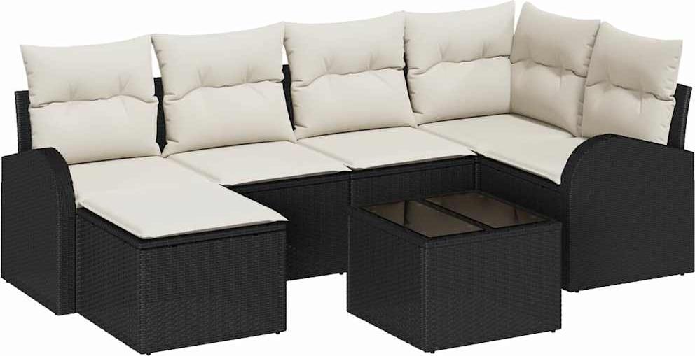 Sofa Set mit Kissen 7 pcs Schwarz und Weiß Poly-Rattan