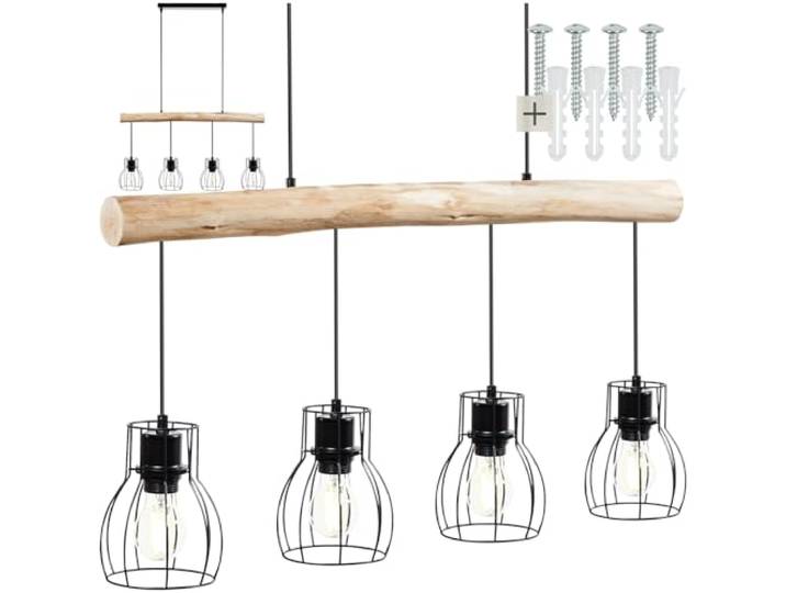 tectake® Pendelleuchte, Lampe hängend 4-flammig, Deckenlampe schwarz mit Holzbalken, Industrial Style Wohnzimmer, Esszimmer Lampe, Wohnzimmerlampe, Flurlampe, Hängelampe Esstisch