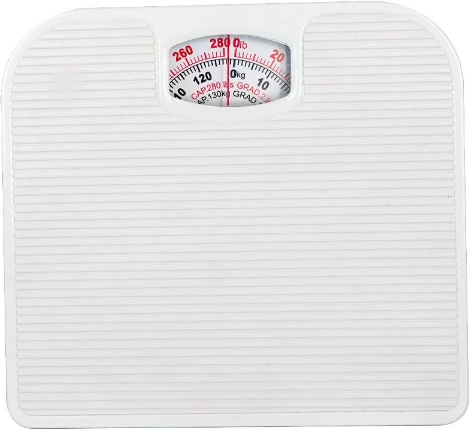 INF Mechanische Badezimmerwaage kompatibel mit Dual-Skala Analoganzeige und rutschfester Lederoberfläche 130kg Kapazität Weiß