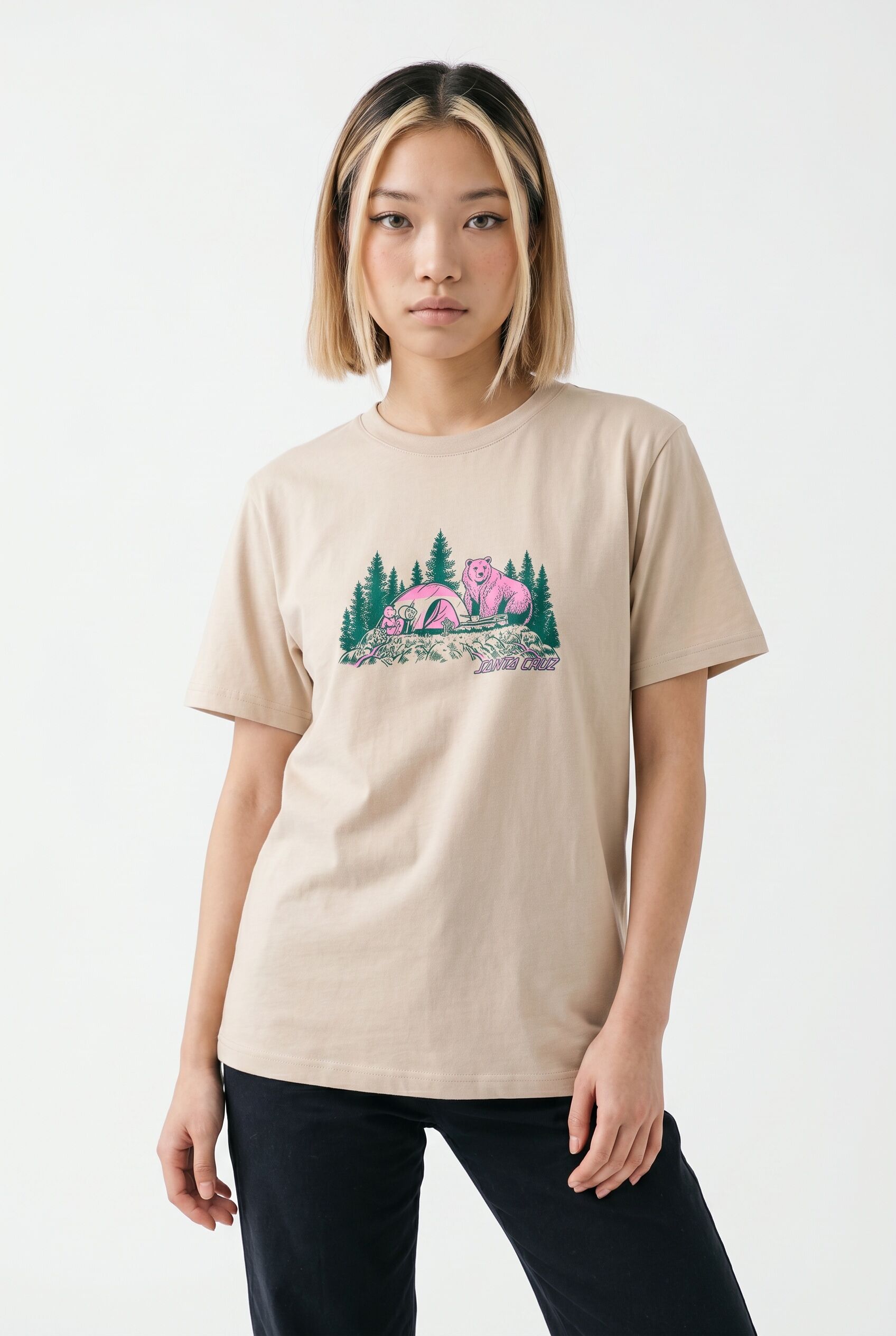 T-Shirt SANTA CRUZ "WOODLAND MINI STRIP FRONT T-SHIRT", Damen, Gr. XL (14), beige (oat), Obermaterial: 100% Baumwolle, Shirts T-Shirt