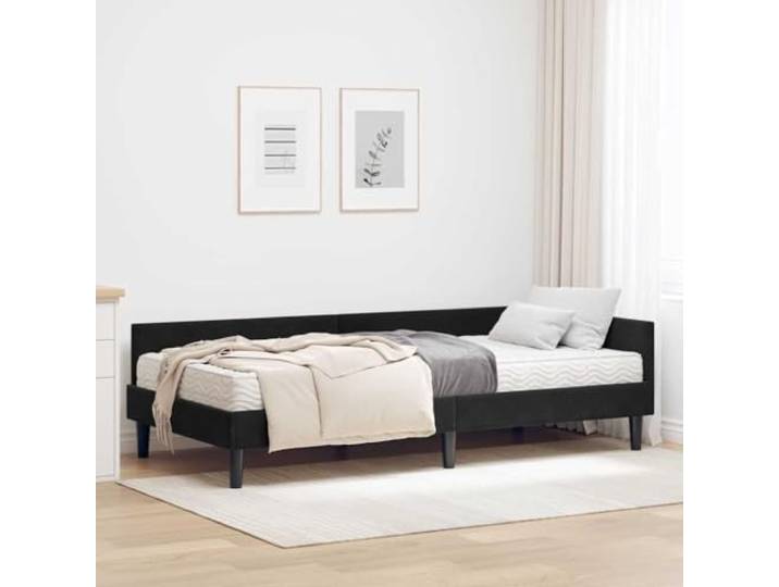 Samt Eckbettgestell mit Matratze Modernes Luxus Design 90 x 200 cm Schwarz Eckbettgestell mit Matratze Sonstiges 2 pcs Schwarz Samt Einzelbett 90x200 cm Luxus Polsterbett mit Samt Kopfteil Wohnzimmer