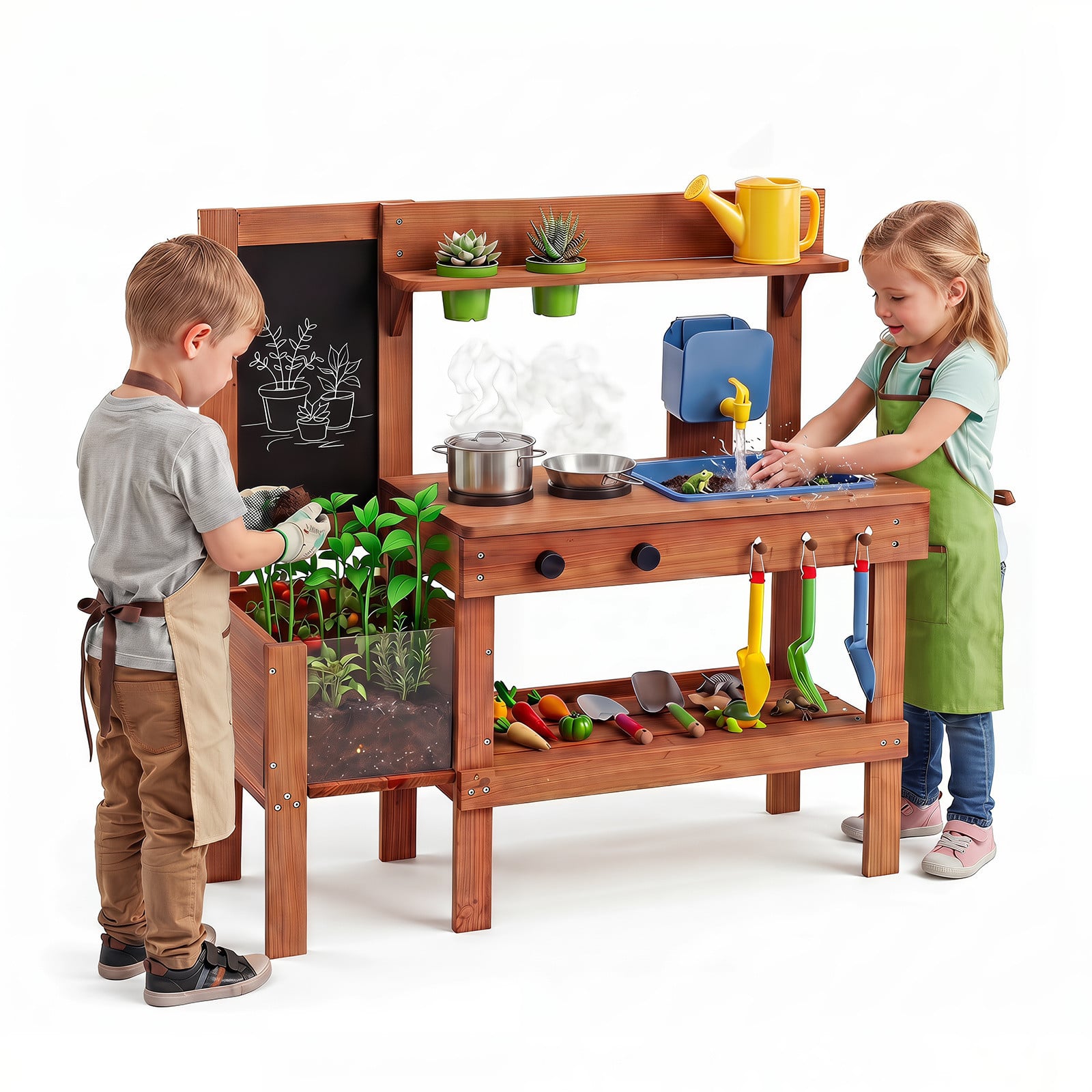 Costway Houten Modderkeuken Kinderkeuken met Plantenbak, Bord, Watertank, Spoelbak en Kraan