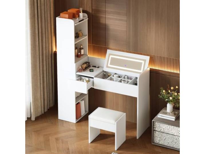 XINGNING Dimmbares Retro Sideboard Mit Beleuchtung Als Raumteiler Holz Metal Design Stauraum Für Wohnzimmer Essbereich TV Bank Lowboard (White + Engineered Wood + Contemporary)