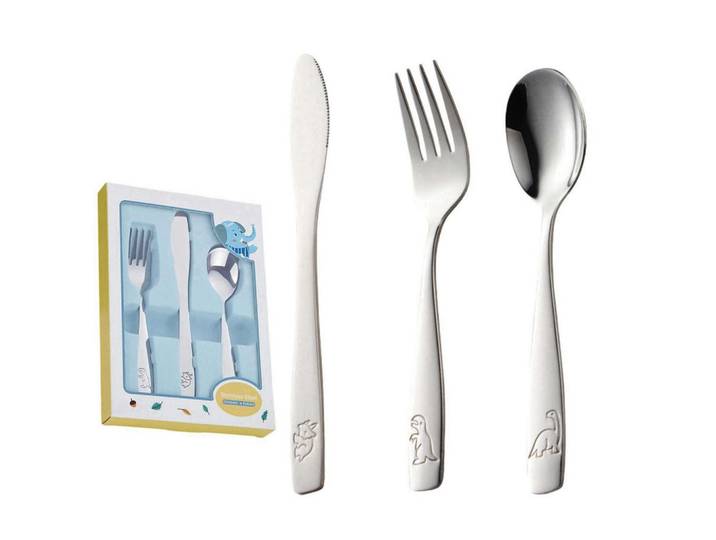 Kinderbesteck 3-teiliges Set Edelstahl mit Motiven, Silberfarben, Metall, Füttern, Kinderbesteck