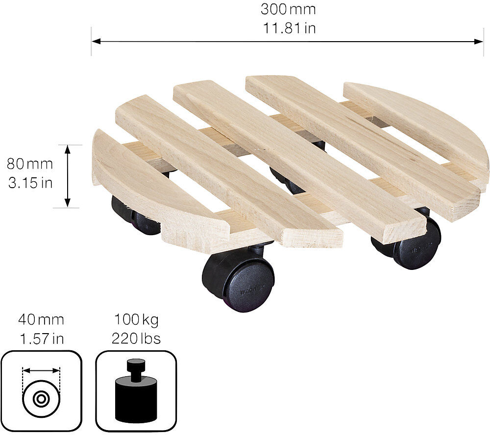 Pflanzenroller Buche PALETTI 0318, Tragfähigkeit 100 kg, natur, Ø 300 mm, VE 4 Stk Wagner