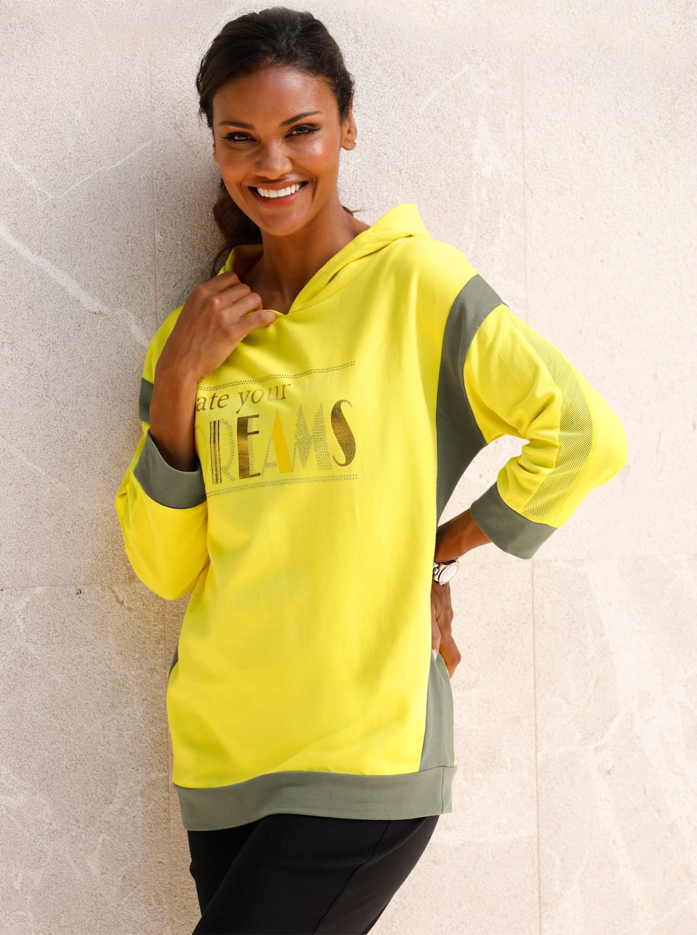 Sweatshirt CLASSIC BASICS, Damen, Gr. 44, bunt (limone, khaki), 100% Baumwolle, Netzmaterial:100% Polyester, bedruckt, gemustert, mehrfarbig, Sweatshirts Sweatshirt