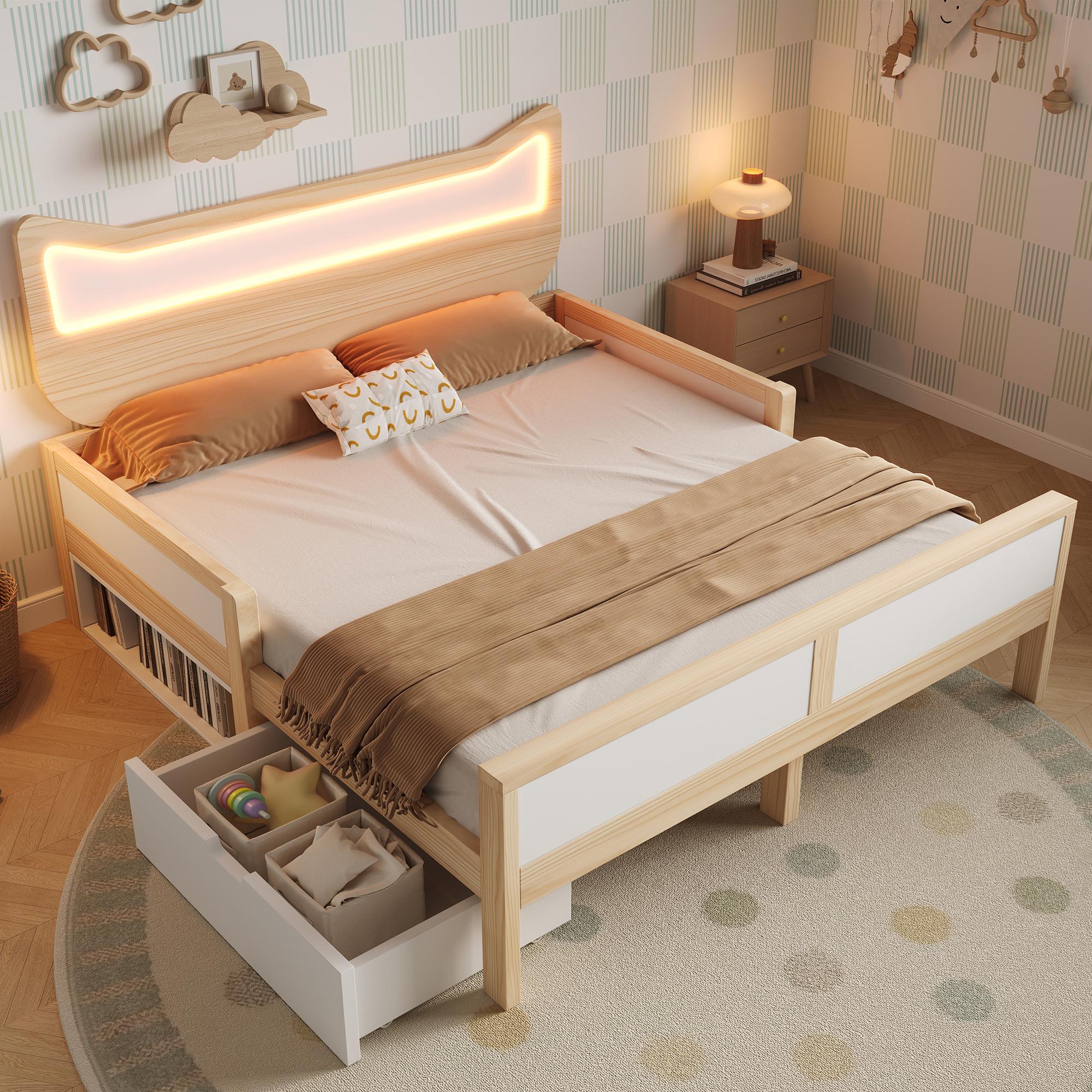 okwish Kinderbett 140×200 Doppelbett mit LED Beleuchtung und Schubladen,Holzbett mit Katzenohren Kopfteil,Bettgestell mit kindersichere Schutzgitter, Eiche(mit Matratze)