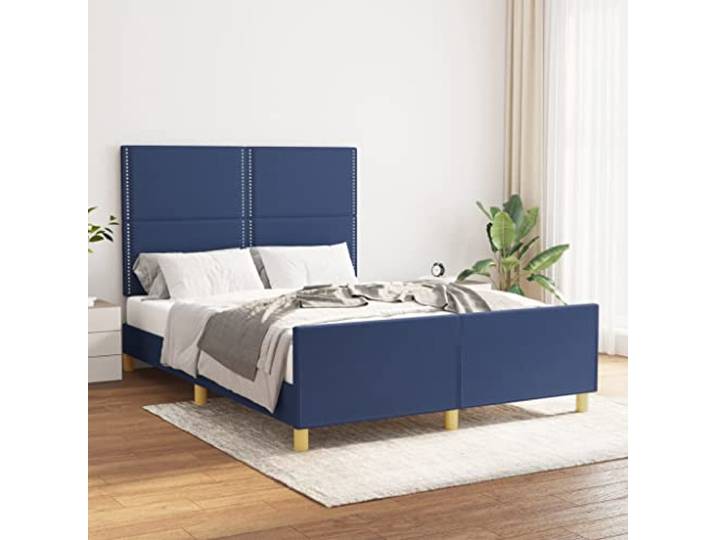 RJPLMFV Bettgestell, Blau, 140 x 200 cm, Stoff Verstellbares Kopfteil, Sperrholzleisten, robuste Füße, einfache Montage