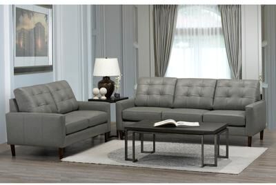 Colt Mid Century Modern Grey Top Grain Italian Leather Tufted Sofa and Loveseat