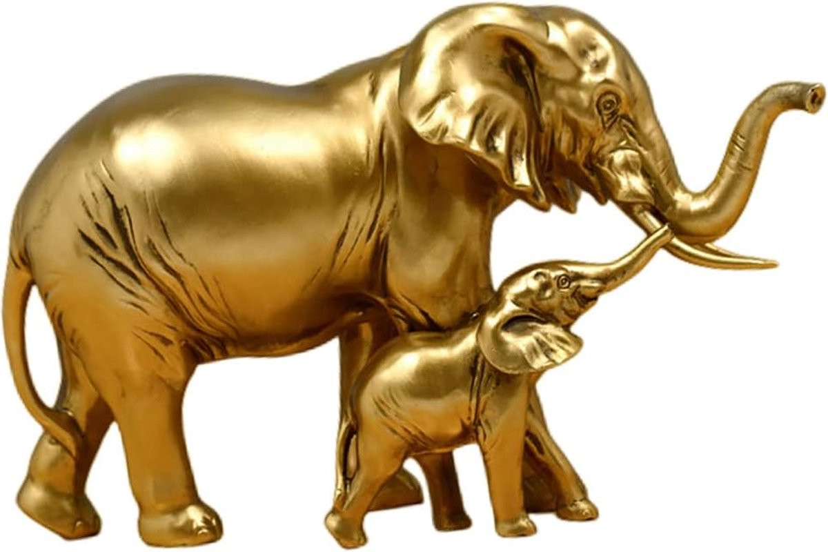 Gouden Olifant Moeder en Kind Standbeeld van Hars voor Decoratie