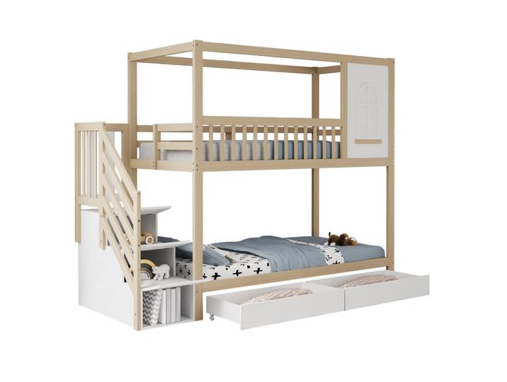 Modfu Etagenbett aus Massivholz 90x200 cm in Natur mit Schubladen & Sicherheitsleiter, Naturfarben, Holz, 90x200 cm, Babymöbel & Kindermöbel, Kinderzimmer & Jugendzimmer, Stockbetten
