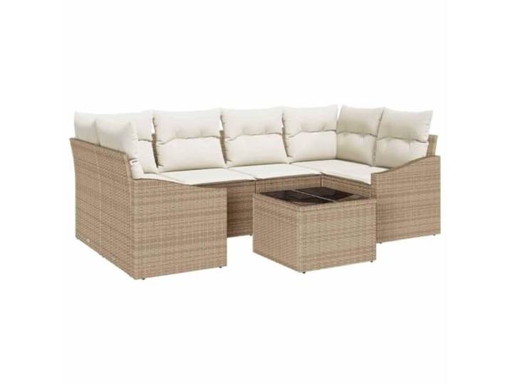 KTHLBRH 7-teiliges Sofa-Set aus Polyrattan mit Tisch in Beige und Creme Modular, langlebig, sonnen- und klimaresistent, weiche Kissen, verstellbarer Glastisch, leicht
