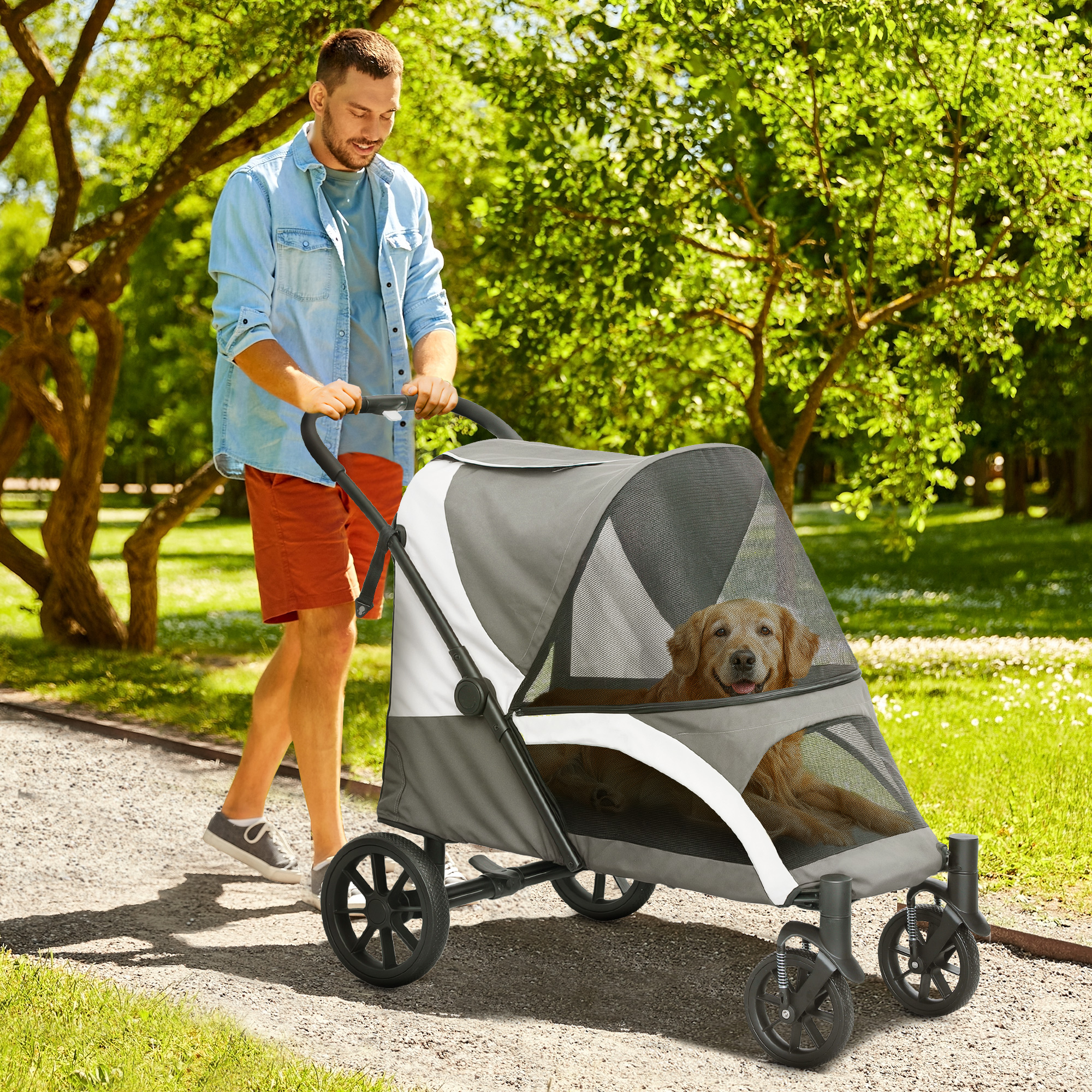 Pawhut Passeggino pieghevole per cani grandi, con 4 ruote, guinzagli di sicurezza, freni, Grigio scuro   Aosom Italy