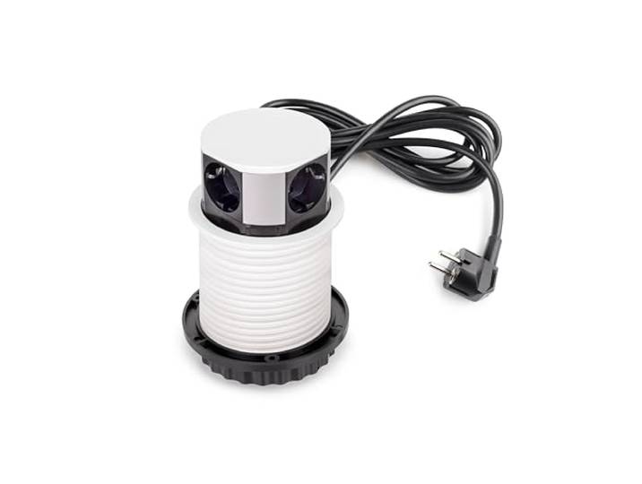 Emuca - Multiconnecteur Vertikal Push diamètre 100mm\, 3 Prises de Type Schuko\, 1 USB Type A\, 1 USB Type C\, Acier et Plastique\, Peint en Blanc