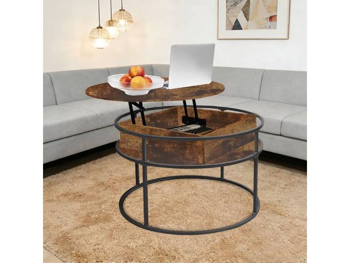 YIYI. TABLE D'APPOINT RONDE TABLE BASSE RÉGLABLE EN HAUTEUR ÉTAGÈRES DE RANGEMENT 60*60*60CM MARRON