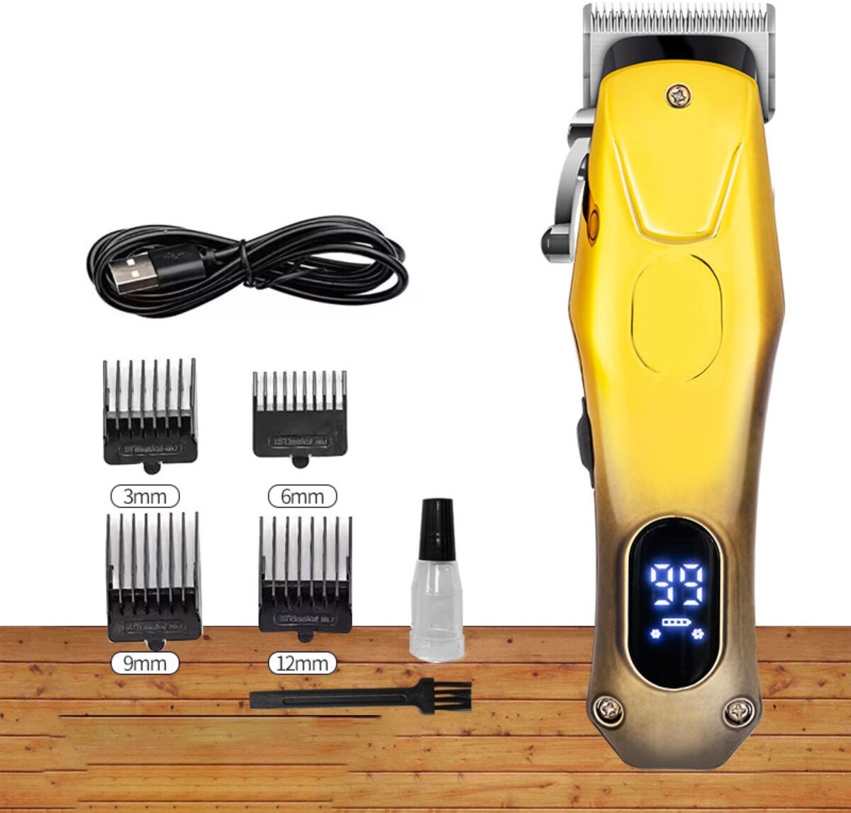 INF Elektrischer Haarschneider — Professioneller Haarschneider mit selbstschärfenden Edelstahlklingen, LCD-Display und Goldverlauf