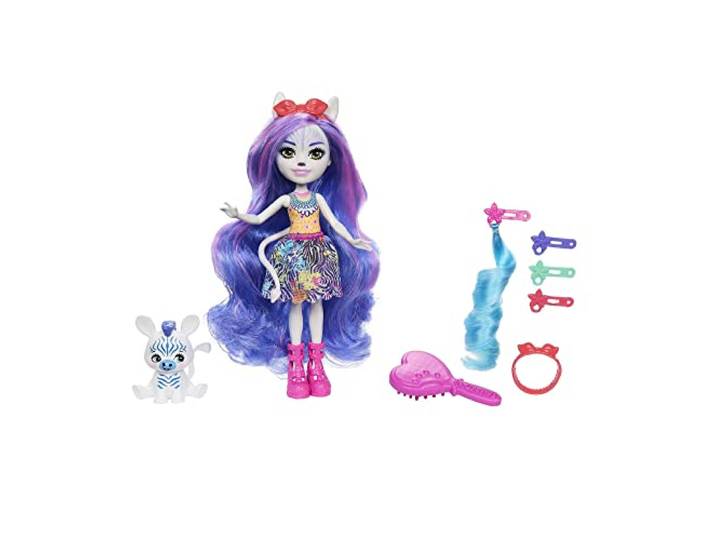 Enchantimals Poppen, Chic Feest, pop met luxe haar en haar dierenvriendje, kleine pop met rok (die aan en uit kan) en accessoires, cadeaus voor kinderen HNV28