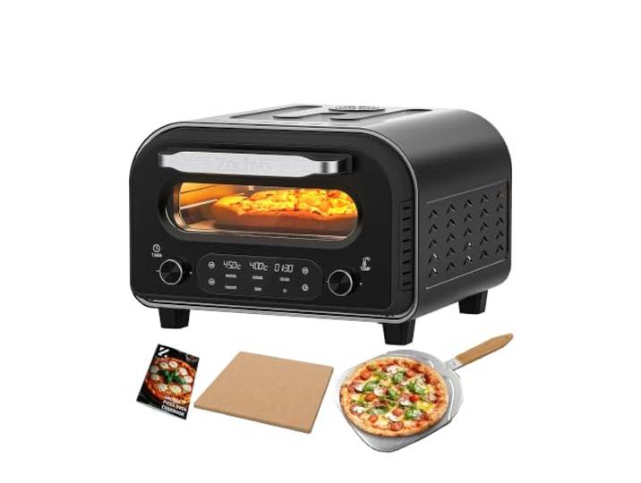 Elektrischer Pizzaofen - bis 450℃, 5 voreingestellte Pizzaarten, 1-60 Min Timer, Touchscreen & Drehregler, Edelstahlgehäuse, für 32cm Pizza, inkl. Pizzastein, Pizzaschieber, Rezeptbuch, Schwarz,HF1201