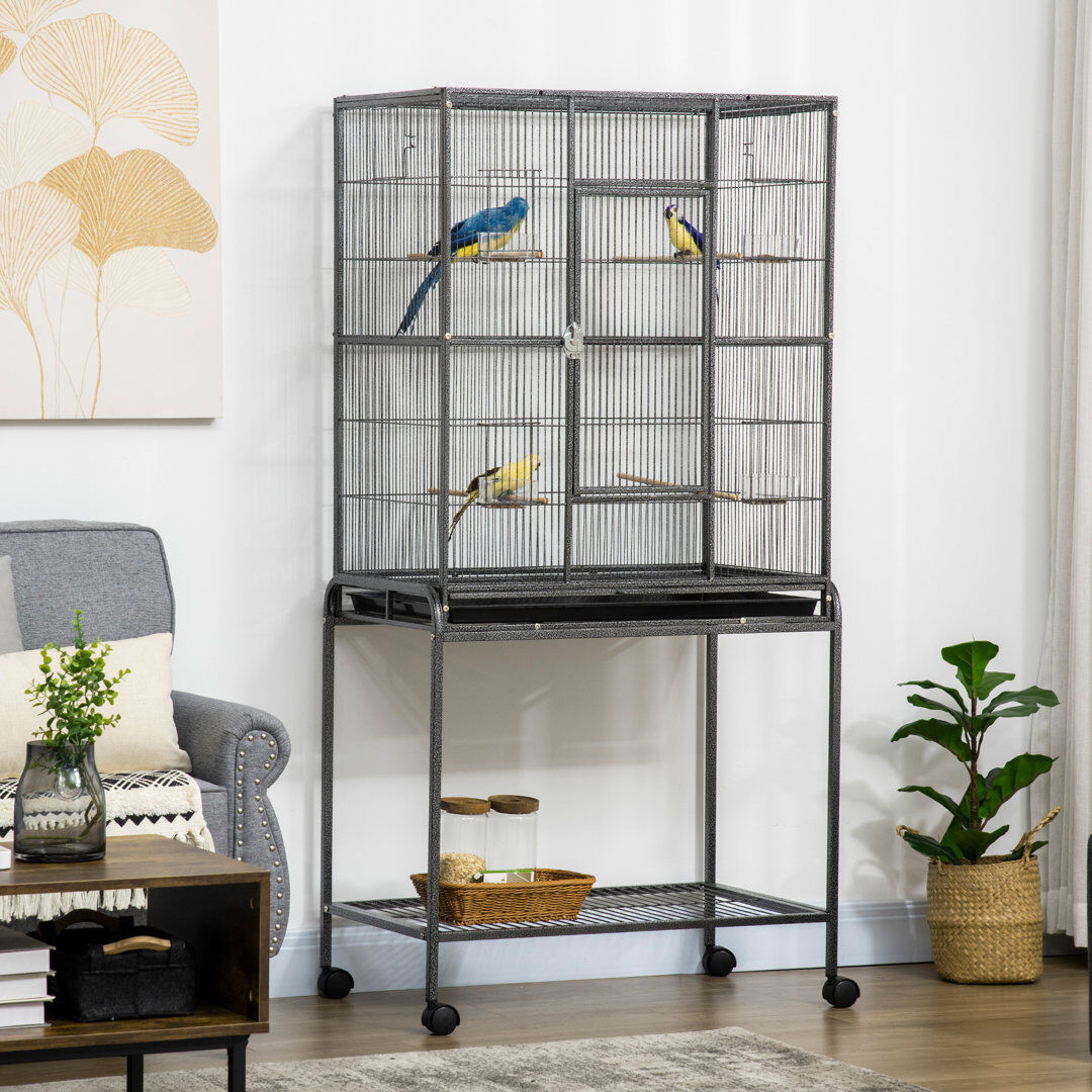 PawHut Rolling Bird Cage with Detachable Stand Storage Shelf Wood Perch Black Black 162.5cm H X 81cm W X 48cm D