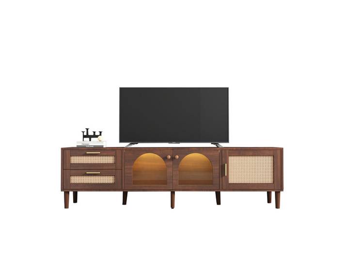 Flieks Tv-Schrank 180cm Braun Rattan Glastüren LED-Beleuchtung bis 80 Zoll, Holz, 40x50x180 cm, Wohnzimmer, TV Möbel, Lowboards, Lowboards stehend