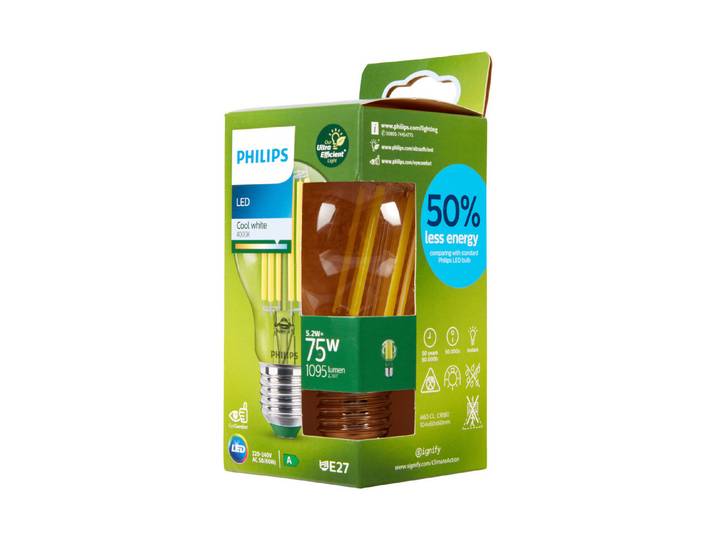 Philips Classic ultraeffiziente LED-Lampe mit Energieeffizienzklasse A, ersetzt 75W, E27 Sockel, klar, neutralweiß (4000K)