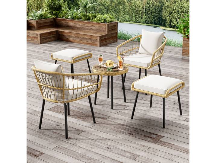 Ensemble de salon de jardin en rotin naturel PINGGO 5 pièces, mobilier d'extérieur avec 1 table à manger, 2 chaises et 2 tabourets