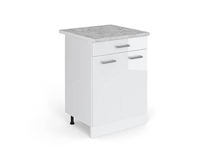 Vicco Küchenunterschrank R-Line, Weiß Hochglanz, 60 cm 1 Schublade · Arbeitsplatte Marmor · Höhenverst. Füße · 2 Türen · Leichter Zugriff