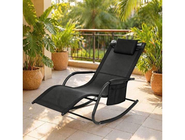 MEULVA Fauteuil à bascule d'extérieur noir métal et polyester avec appuie-tête et poche latérale