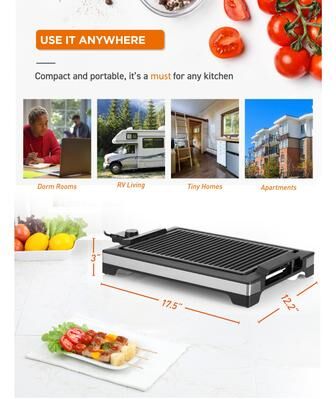 COMMERCIAL CHEF Indoor Grill for Tabletop, Countertop or Kitchen, 1600W Electric Grill