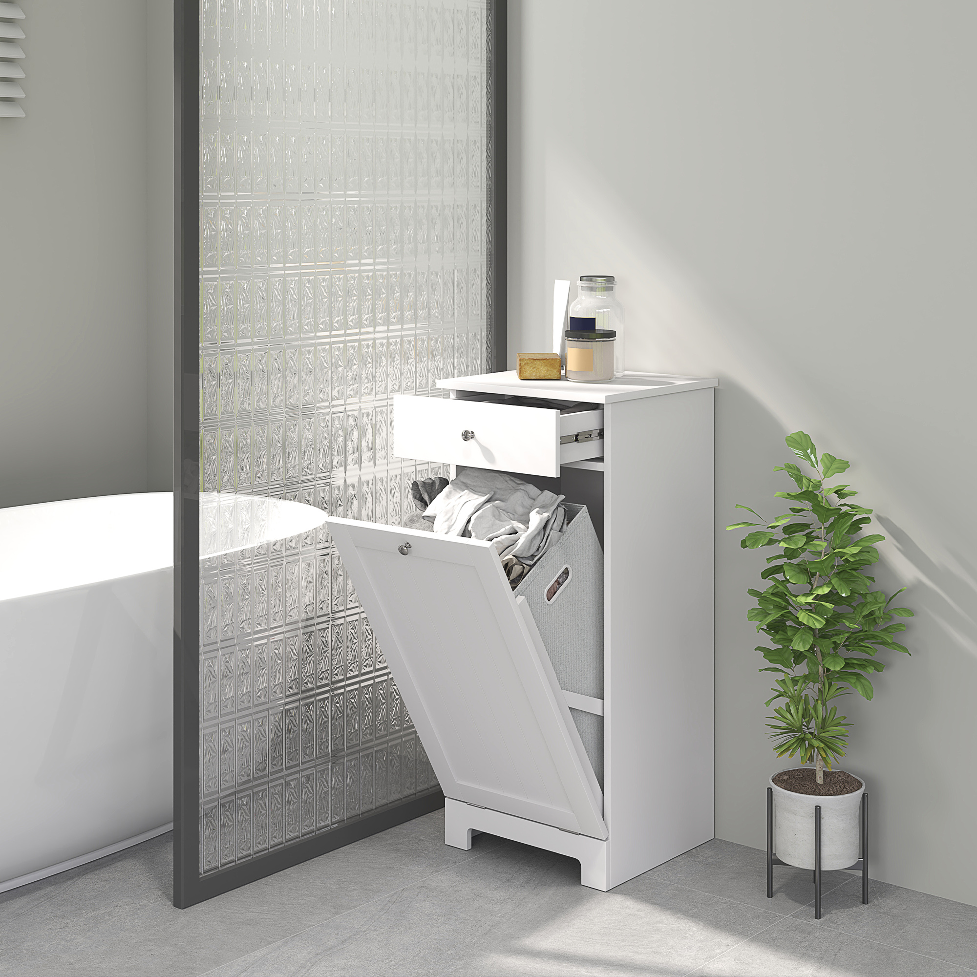 Homcom Armadio da Bagno con Cesto Porta Biancheria Ribaltabile Mobile per Biancheria con Borsa in Tessuto Pieghevole e Cassetto Bianco 40x38x90 cm   Aosom Italy