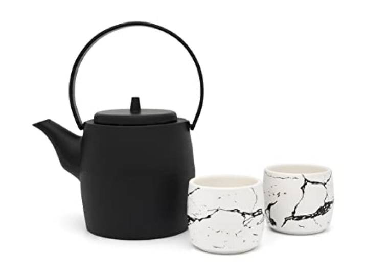 Gietijzeren Asia theepot 1,2 liter - theeset met 2 porseleinen theebekers - 3-delige cadeauset