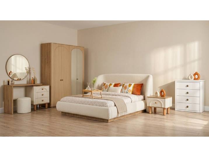Xlmoebel Schlafzimmer-Set Schlafzimmer Set Beige Modern Luxus Bett Nachttisch Schminktisch, (8-tlg., inkl. 2 Nachttische, Kleiderschrank, Schminktisch, Spiegel, Hocker)