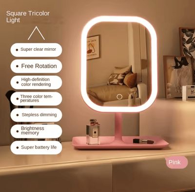 Inspire Curations 3 Color LED Desktop Vanity Mirror With Storage Tray pink