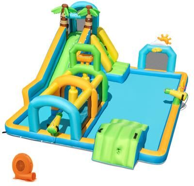 Costway Inflatable Water Slide Tropical Theme Dual Slide Aqua Park with 750W Blower