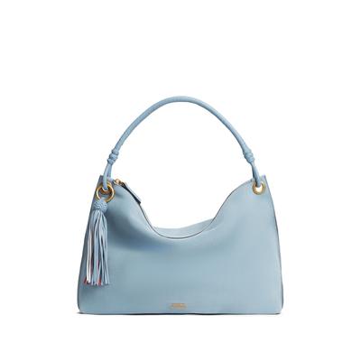 Schultertasche TOMMY HILFIGER "TH STATEMENT LEATHER BAG SUEDE", Damen, Gr. B/H/T: 44cm x 29cm x 6cm, blau (hellblau), Veloursleder, Taschen Schultertasche, Damen Tragetasche, Handtasche mit modischen Quasten