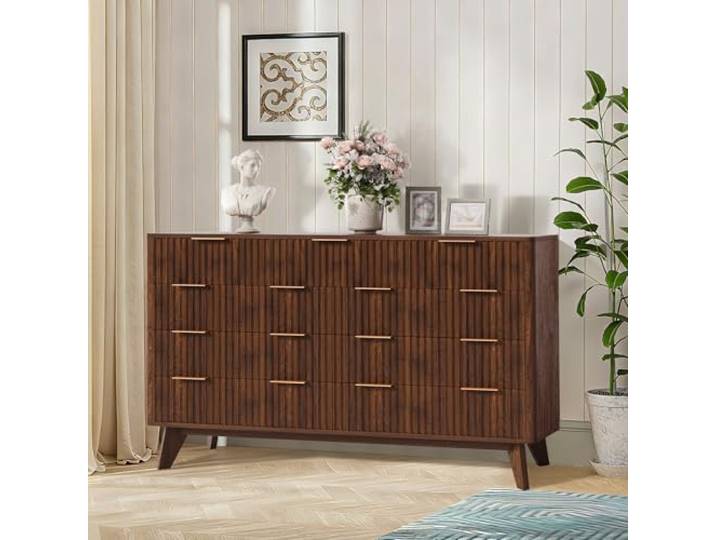 Garvee Kommode mit 9 Schubladen, Sideboard im Retro-Stil mit Riffel-Optik & Metallgriffen, Großer Schubladenschrank für Schlafzimmer, Wohnzimmer & Flur, Vintage Design, Eiche Dunkelbraun
