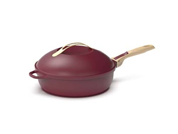 COOKUT - Die fabelhafte 8-in-1-Pfanne – ein einziges Utensil, das Pfanne, Topf, Schmorpfanne ersetzt – mit 2 abnehmbaren Griffen, Dampf-/Frittierkorb, Holzspatel – RUBIS