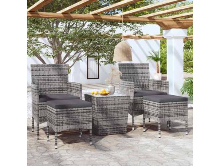 Résine tressée résistante UV acier confortable coussins amovibles ensemble Ensemble Bistro Jardin 5pcs Résine Tressée Table Verre Trempé Chaises avec Coussins Repose-pieds Gris