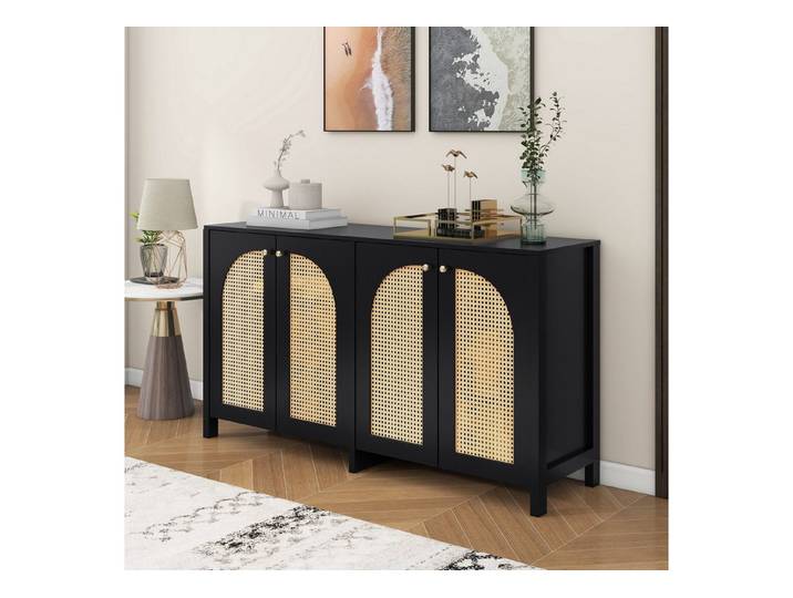 IDEASY Sideboard Küchenschrank mit 4-Rattantür, Metallgriff, Anrichten Schwarz/Weiß (145*80*40cm Aufbewahrungsschrank im minimalistischen Stil), Buffetschrank für Esszimmer, Wohnzimmer, Küche