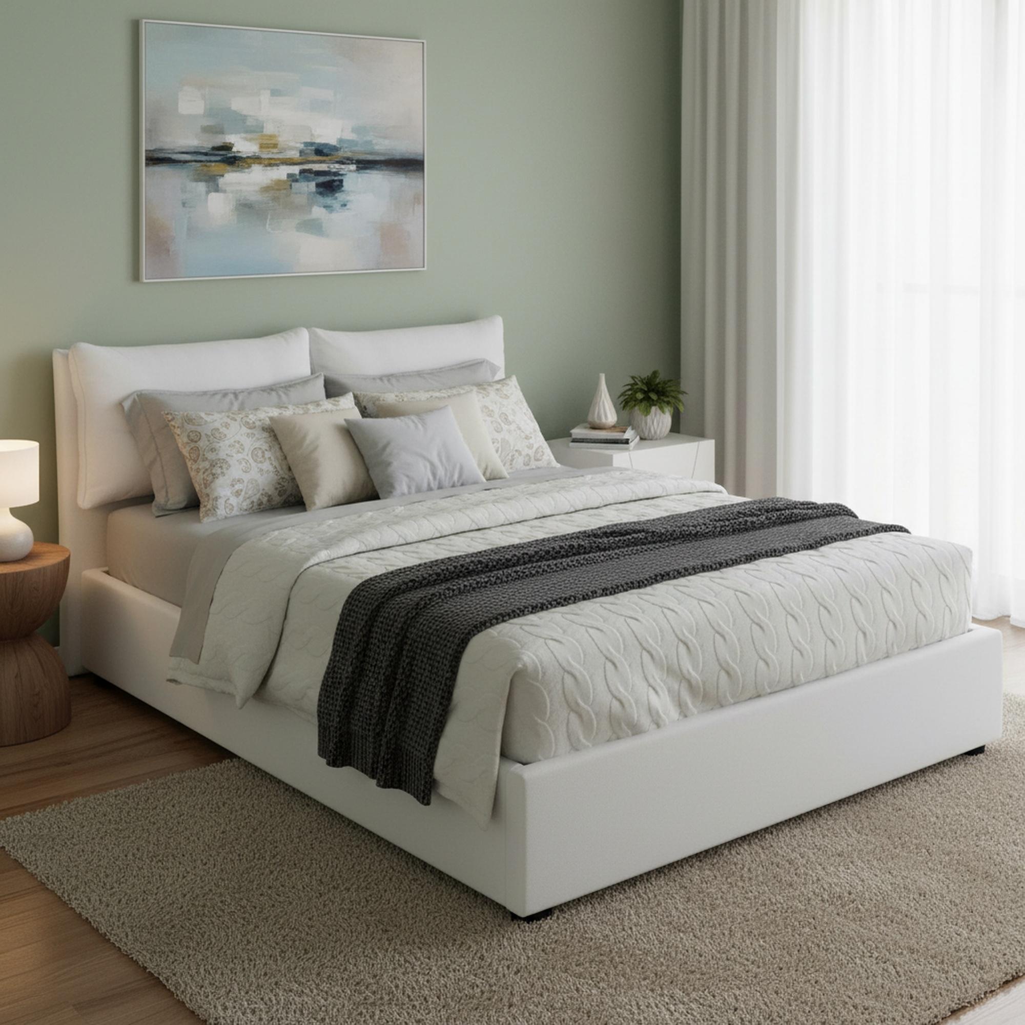 Doppelbett Lara, Containerbett mit Kunstlederbezug, 100% Italy, Frontöffnung, passend für Matratze 160x190 cm, Weiß